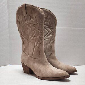 New Time and Tru Faux Suede Embroidered Western Boots - Sand - Size 7